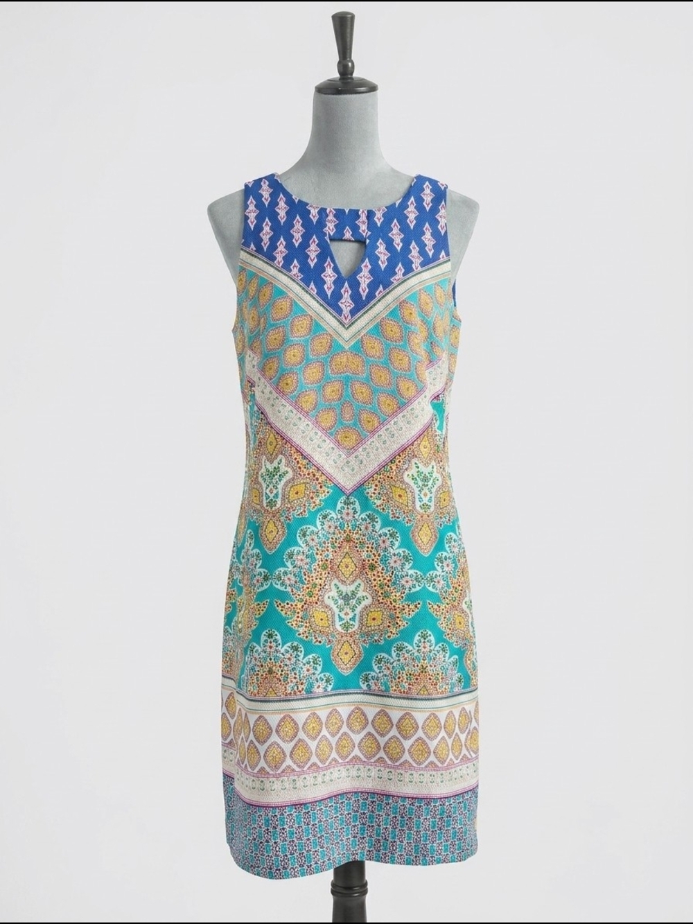 Nine West Teal & Royal Blue Printed Sleeveless Shift Dress